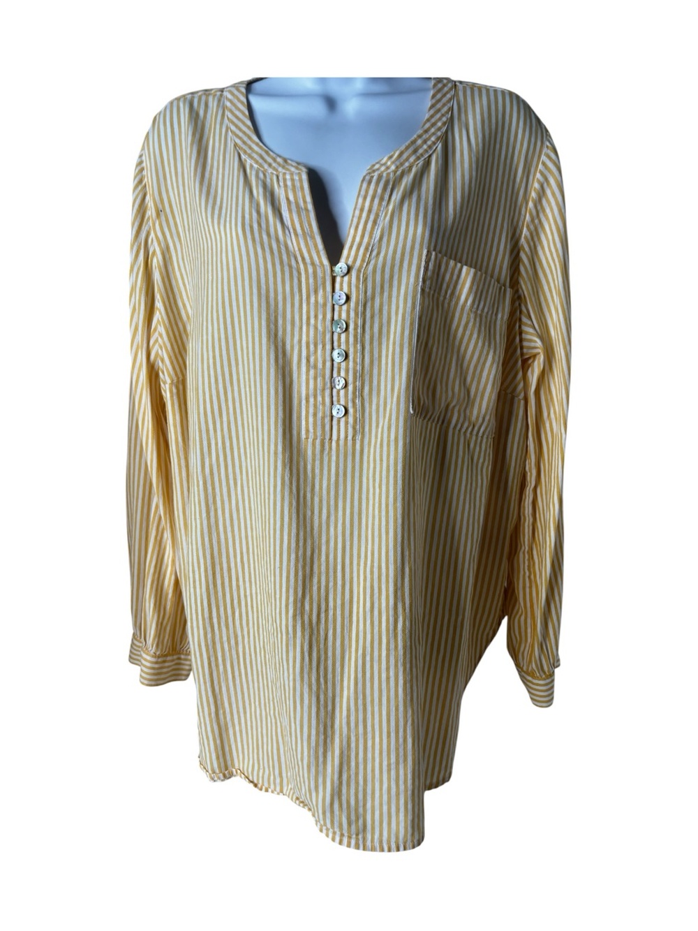J. Jill Yellow and White Striped Long-Sleeve Henley Blouse Cotton , Rayon Sz XL